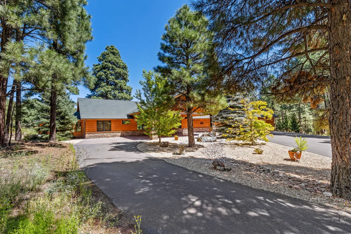 This exterior shot features a charming log cabin surrounded by lush greenery with a driveway leading up to the house. The welcoming porch hints at outdoor gathering spaces, and the wide driveway emphasizes convenient group arrival and parking.