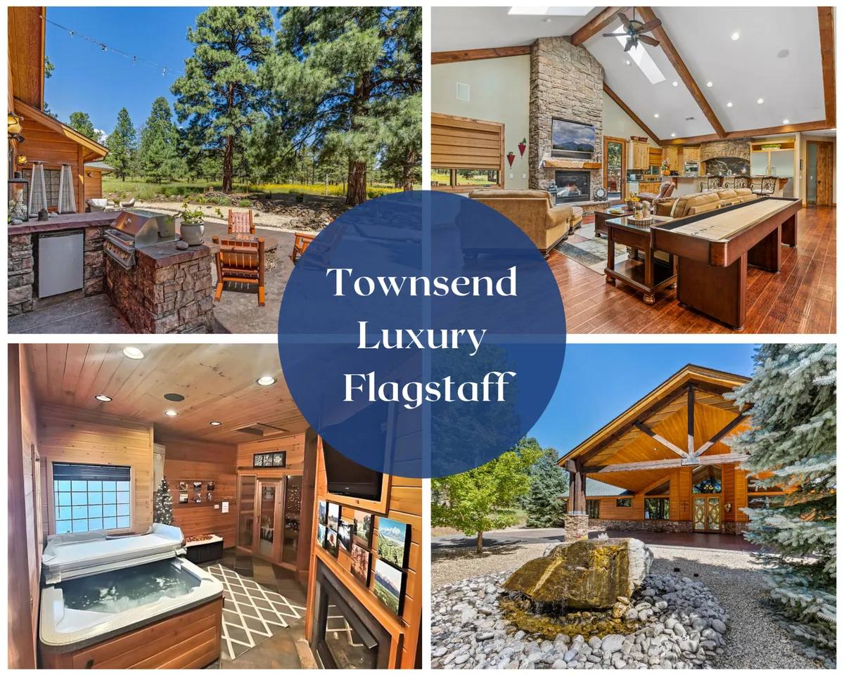 The image features a warm, inviting living area with a stone fireplace, an outdoor kitchen equipped with a grill, and a private spa area with a bubbling hot tub. The open layout blurs the line between indoor comfort and outdoor adventure, with glimpses of the surrounding forest visible through large windows.